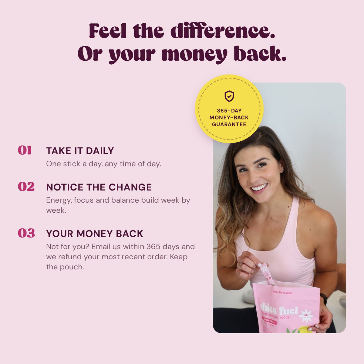 Feel the difference or your money back: 365-day guarantee steps
